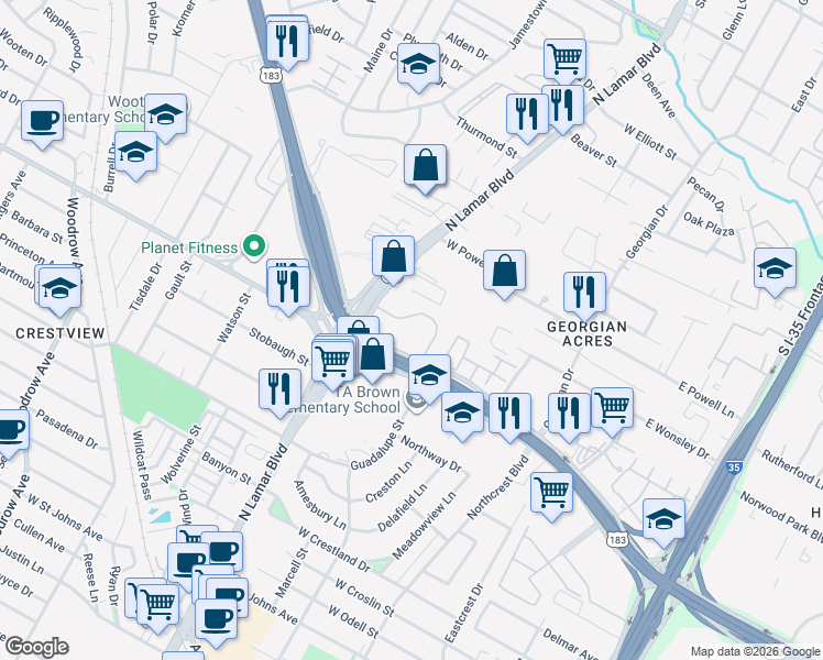 map of restaurants, bars, coffee shops, grocery stores, and more near 8071 North Lamar Boulevard in Austin