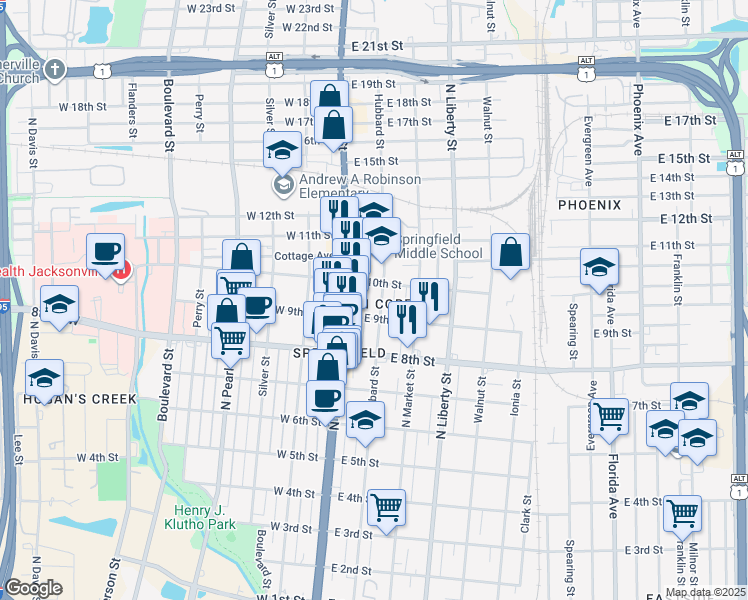 map of restaurants, bars, coffee shops, grocery stores, and more near 32 East 10th Street in Jacksonville