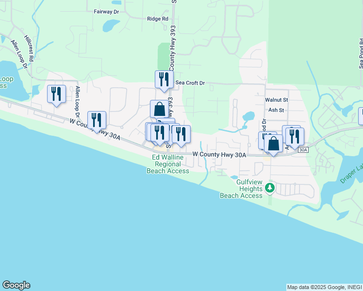 map of restaurants, bars, coffee shops, grocery stores, and more near 44 Leisure Lane in Santa Rosa Beach
