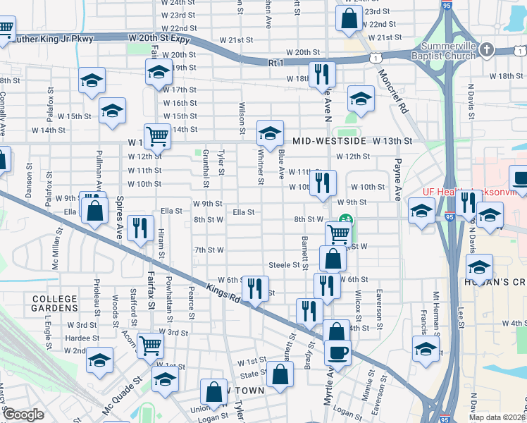 map of restaurants, bars, coffee shops, grocery stores, and more near 1815 Whitner Street in Jacksonville