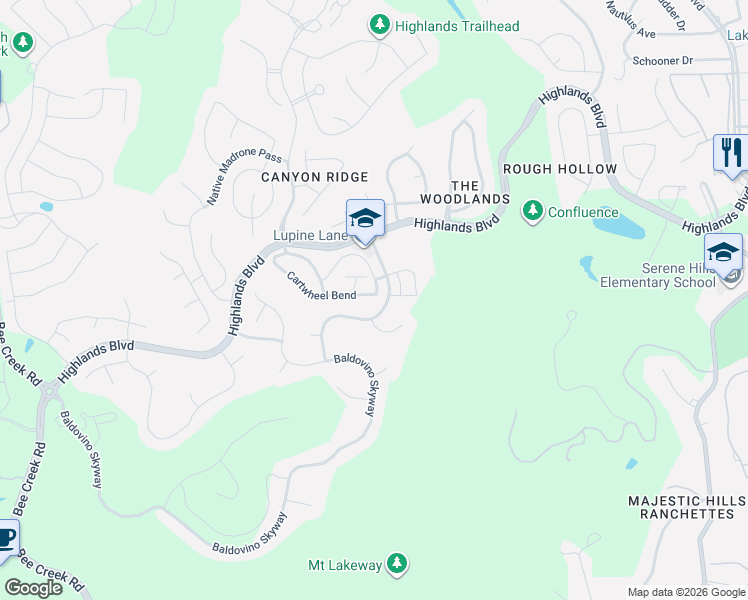 map of restaurants, bars, coffee shops, grocery stores, and more near 313 Cartwheel Bend in Briarcliff