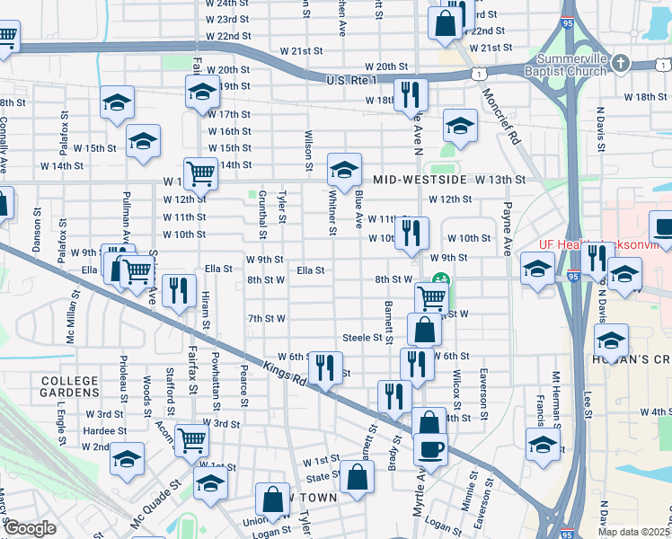 map of restaurants, bars, coffee shops, grocery stores, and more near 1490 West 9th Street in Jacksonville