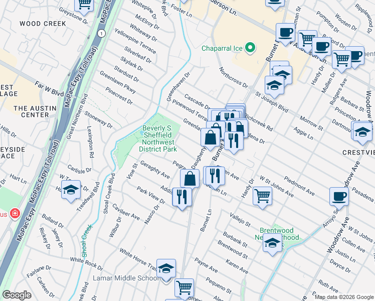 map of restaurants, bars, coffee shops, grocery stores, and more near 2509 Albata Avenue in Austin