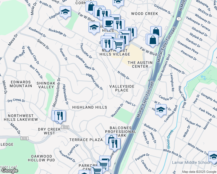 map of restaurants, bars, coffee shops, grocery stores, and more near 6509 Hart Lane in Austin