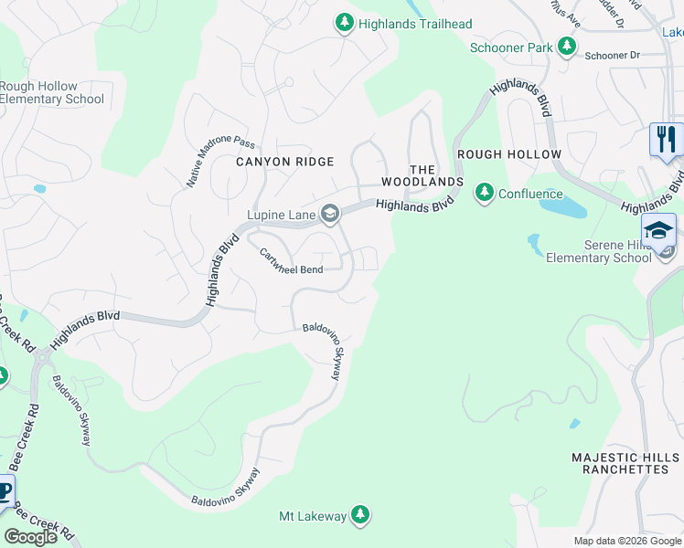 map of restaurants, bars, coffee shops, grocery stores, and more near 315 Cartwheel Bend in Briarcliff