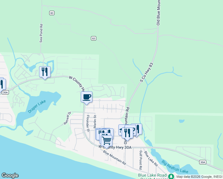 map of restaurants, bars, coffee shops, grocery stores, and more near 220 Gulfview Circle in Santa Rosa Beach
