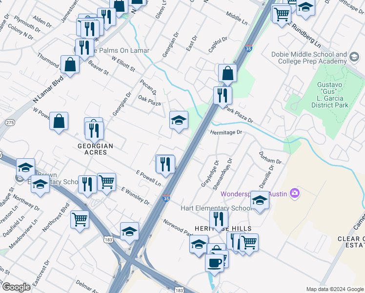 map of restaurants, bars, coffee shops, grocery stores, and more near 8408 North Interstate 35 in Austin