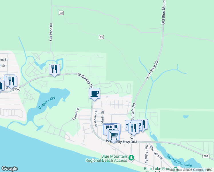 map of restaurants, bars, coffee shops, grocery stores, and more near 125 Gulfview Circle in Santa Rosa Beach