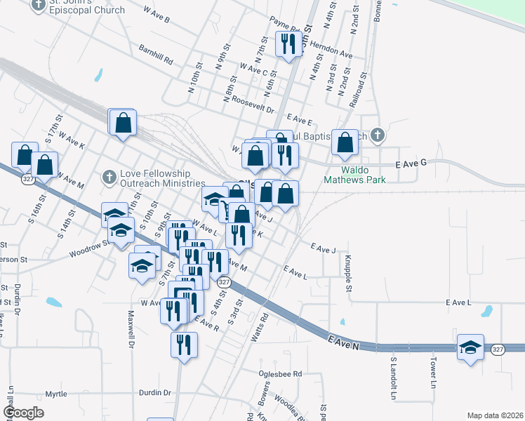 map of restaurants, bars, coffee shops, grocery stores, and more near 100-198 South 4th Street in Silsbee