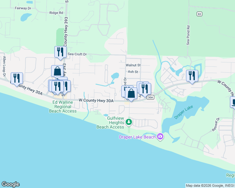 map of restaurants, bars, coffee shops, grocery stores, and more near 75 Hidden Lake Way in Santa Rosa Beach