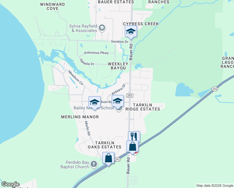 map of restaurants, bars, coffee shops, grocery stores, and more near 12455 Airblanc Drive in Pensacola