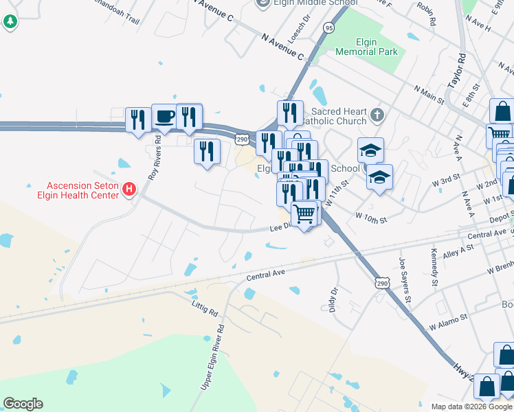 map of restaurants, bars, coffee shops, grocery stores, and more near 117 Jim Dandy Drive in Elgin