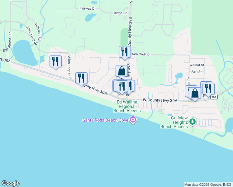 map of restaurants, bars, coffee shops, grocery stores, and more near Spires Lane in Santa Rosa Beach