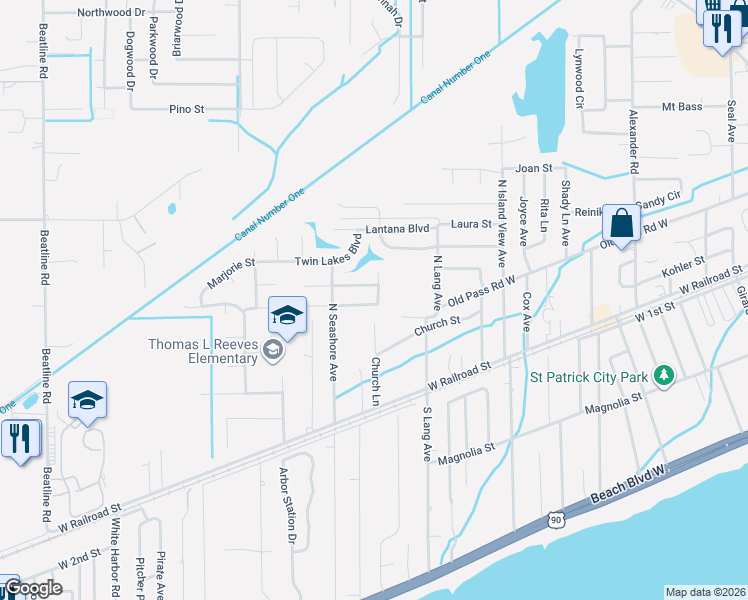 map of restaurants, bars, coffee shops, grocery stores, and more near East Petunia Drive in Long Beach