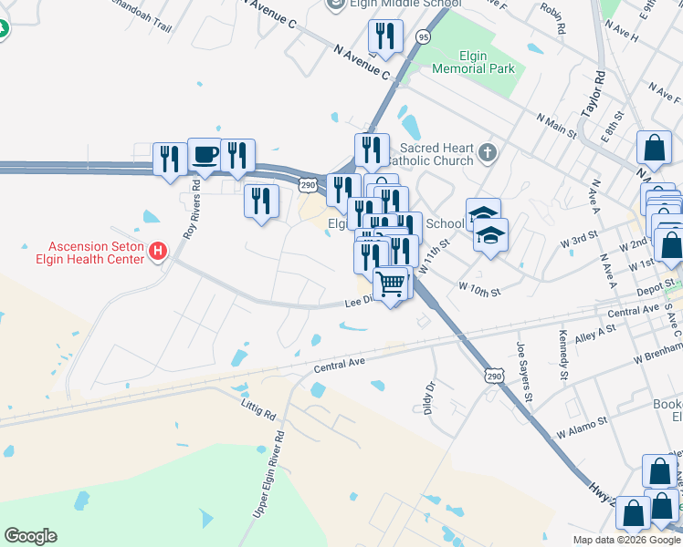map of restaurants, bars, coffee shops, grocery stores, and more near 128 Jim Dandy Drive in Elgin