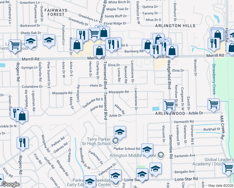 map of restaurants, bars, coffee shops, grocery stores, and more near 7260 May Apple Road in Jacksonville
