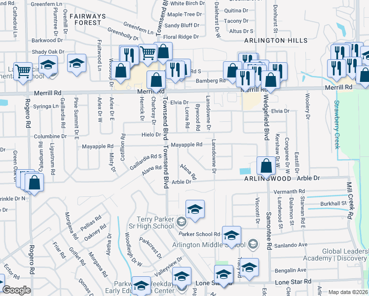 map of restaurants, bars, coffee shops, grocery stores, and more near 7260 May Apple Road in Jacksonville