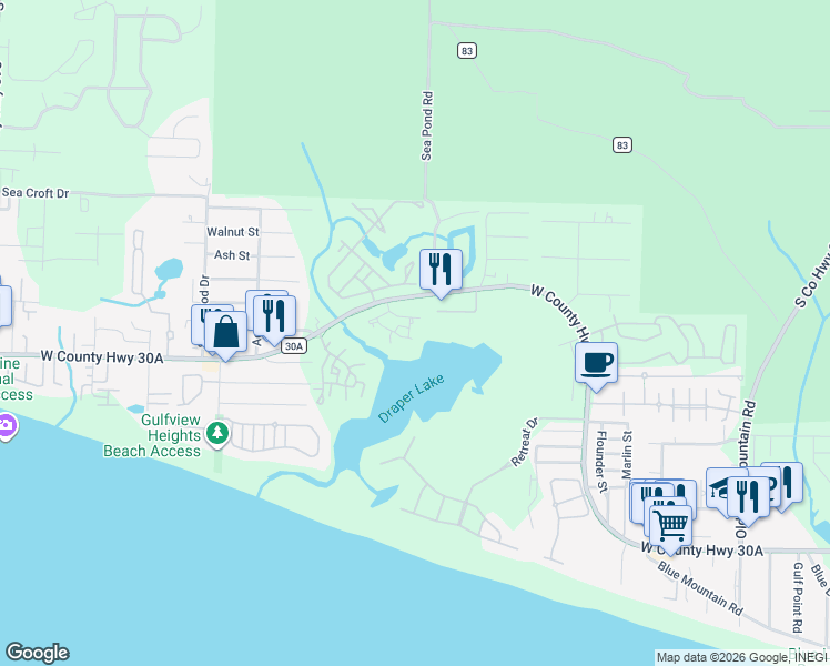 map of restaurants, bars, coffee shops, grocery stores, and more near 47 Boathouse Road in Santa Rosa Beach