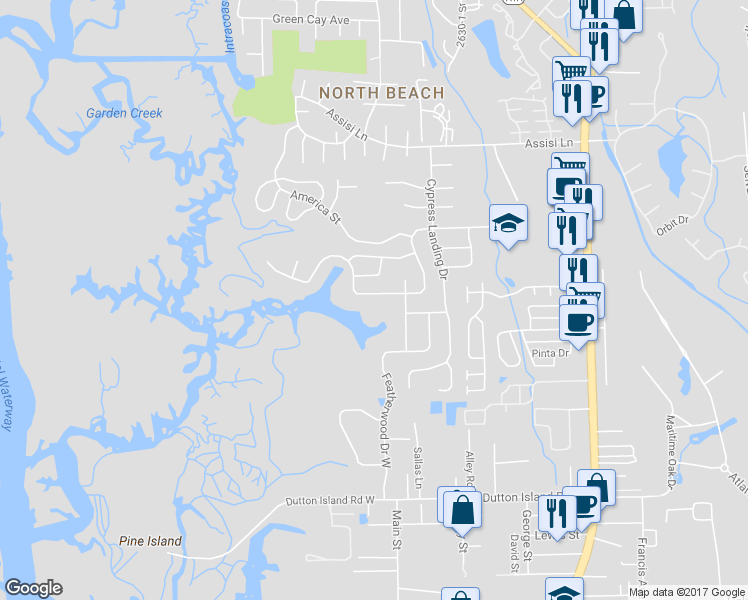 map of restaurants, bars, coffee shops, grocery stores, and more near 1350 Cove Landing Drive in Atlantic Beach