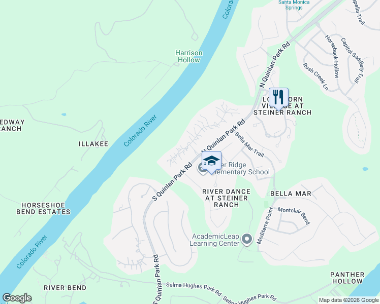 map of restaurants, bars, coffee shops, grocery stores, and more near 401 Dawn River Cove in Austin
