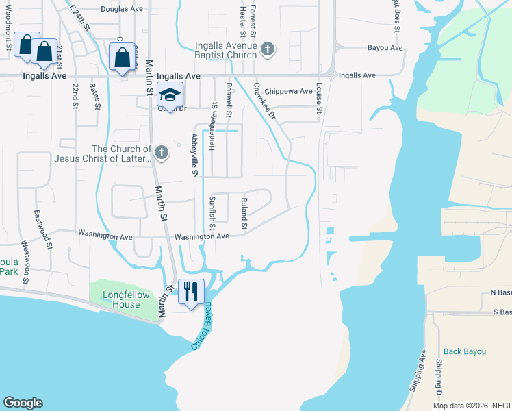 map of restaurants, bars, coffee shops, grocery stores, and more near 1008 Ruland St in Pascagoula