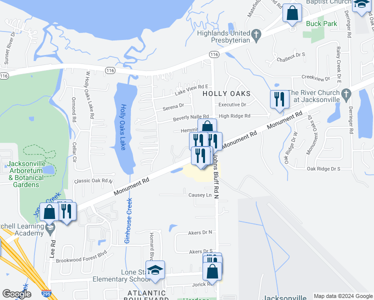 map of restaurants, bars, coffee shops, grocery stores, and more near 11 1500-3 Monument Ap in Jacksonville
