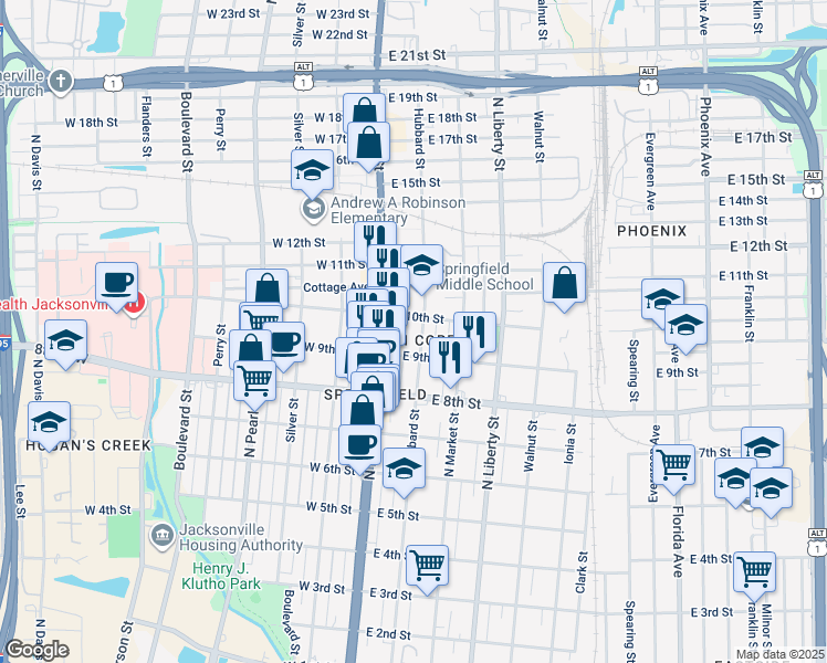 map of restaurants, bars, coffee shops, grocery stores, and more near 32 East 10th Street in Jacksonville