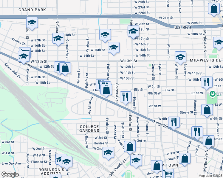 map of restaurants, bars, coffee shops, grocery stores, and more near 1808 Pullman Avenue in Jacksonville