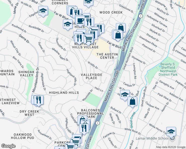 map of restaurants, bars, coffee shops, grocery stores, and more near 3517 North Hills Drive in Austin
