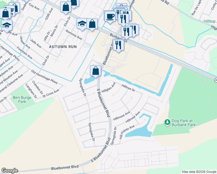 map of restaurants, bars, coffee shops, grocery stores, and more near 10715 Hillglen Avenue in Baton Rouge