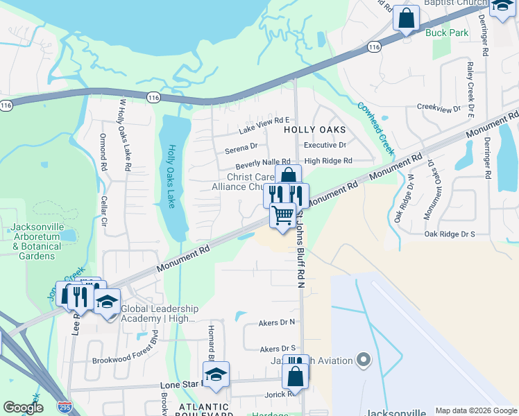 map of restaurants, bars, coffee shops, grocery stores, and more near 1500 Monument Road in Jacksonville