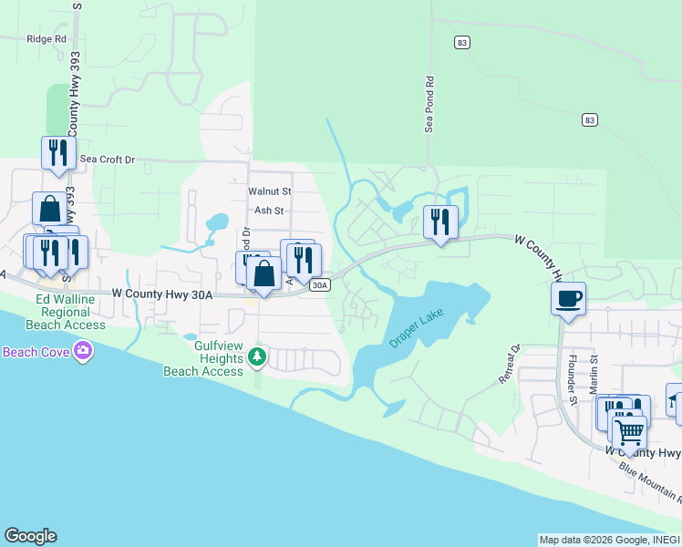 map of restaurants, bars, coffee shops, grocery stores, and more near 95 Vicki Street in Santa Rosa Beach