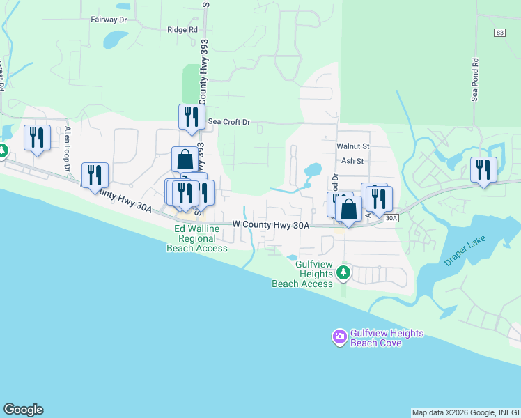 map of restaurants, bars, coffee shops, grocery stores, and more near 71 North Spooky Lane in Santa Rosa Beach