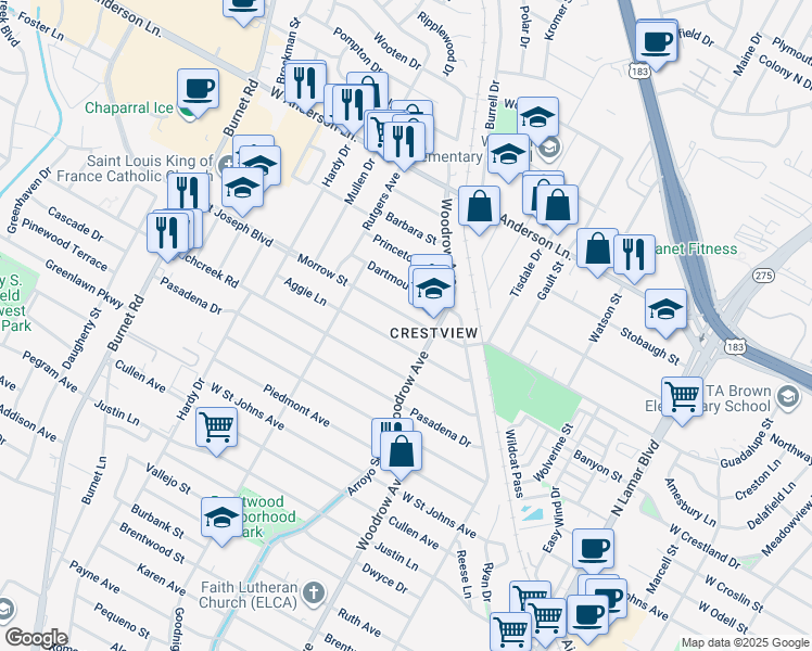 map of restaurants, bars, coffee shops, grocery stores, and more near 1511 Morrow Street in Austin