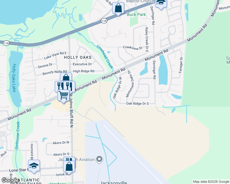 map of restaurants, bars, coffee shops, grocery stores, and more near 1572 Oak Ridge Drive West in Jacksonville