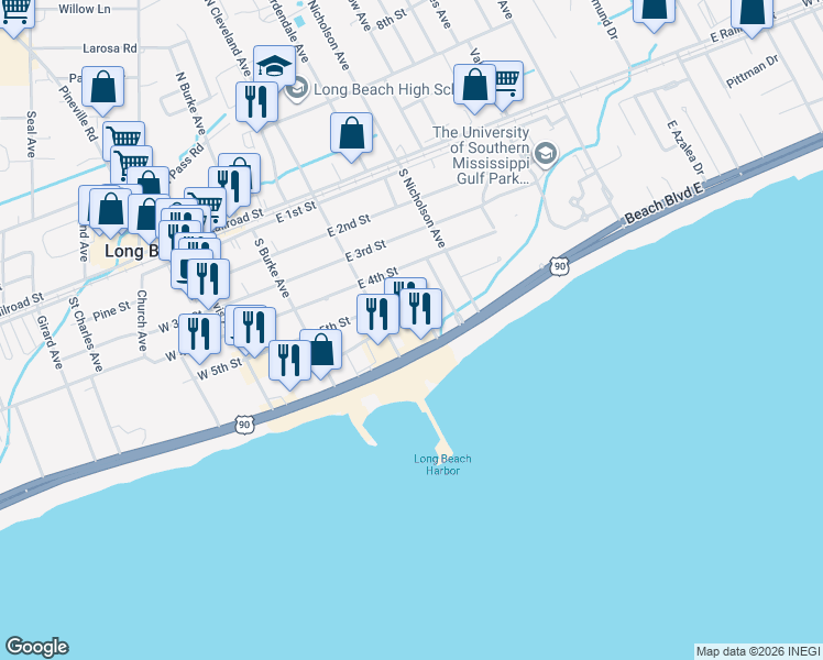 map of restaurants, bars, coffee shops, grocery stores, and more near 298 Douglas St in Long Beach
