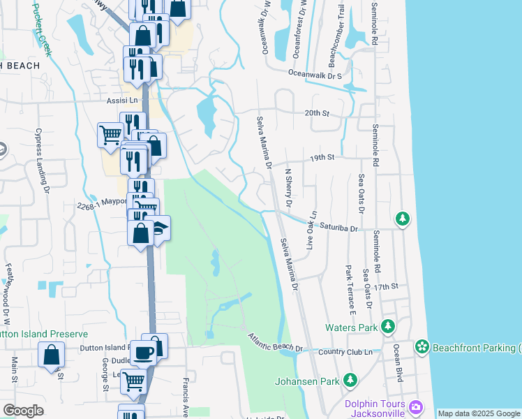 map of restaurants, bars, coffee shops, grocery stores, and more near 1820 Sevilla Boulevard West in Atlantic Beach