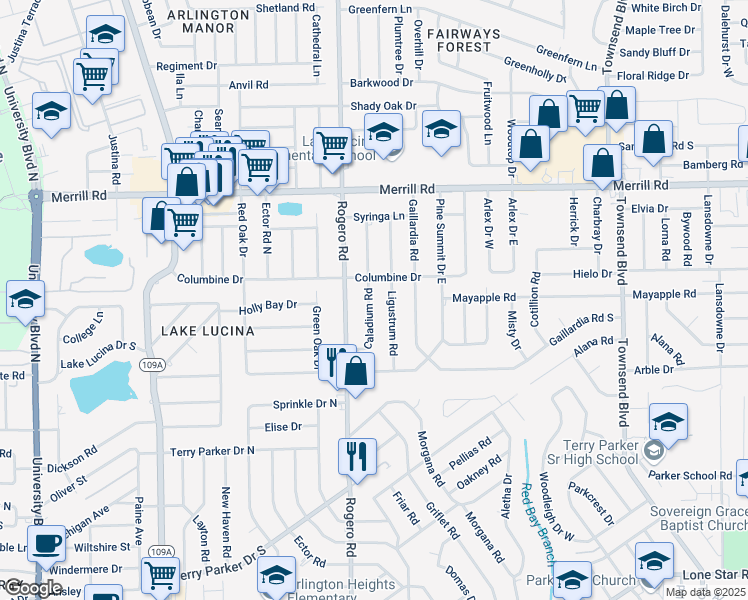 map of restaurants, bars, coffee shops, grocery stores, and more near 2423 Caladium Road in Jacksonville