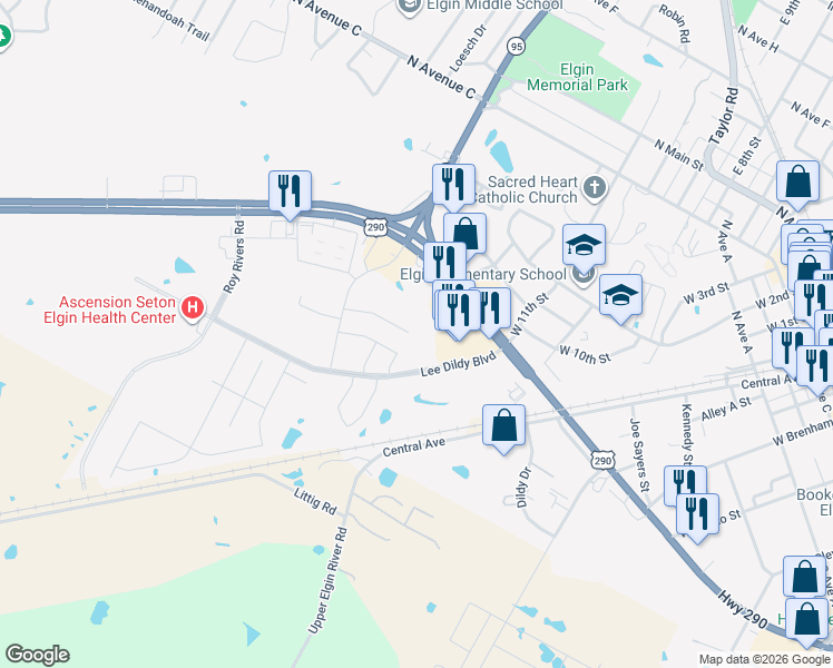 map of restaurants, bars, coffee shops, grocery stores, and more near 128 Jim Dandy Drive in Elgin