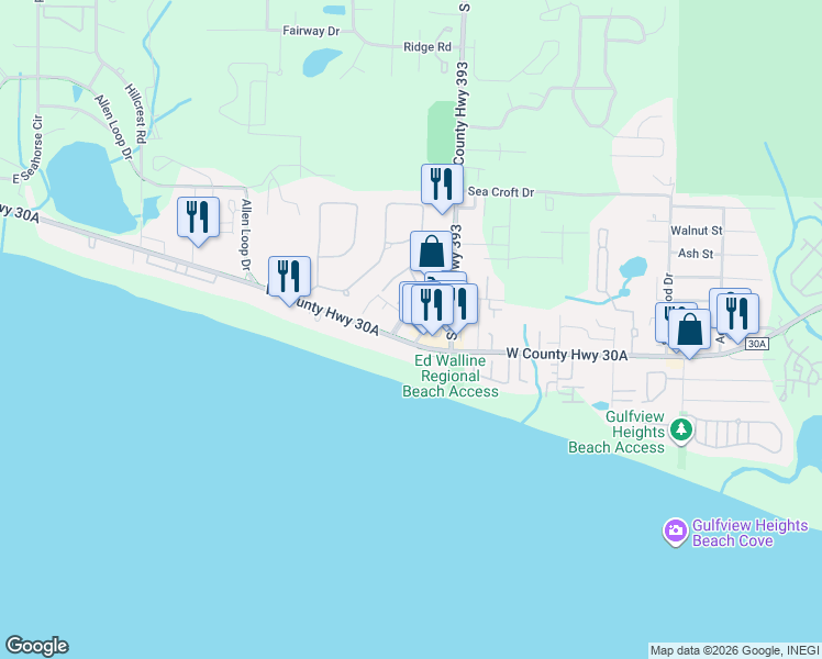 map of restaurants, bars, coffee shops, grocery stores, and more near Spires Lane in Santa Rosa Beach