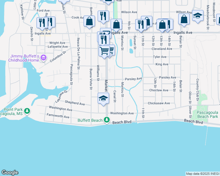 map of restaurants, bars, coffee shops, grocery stores, and more near 902 Market Street in Pascagoula