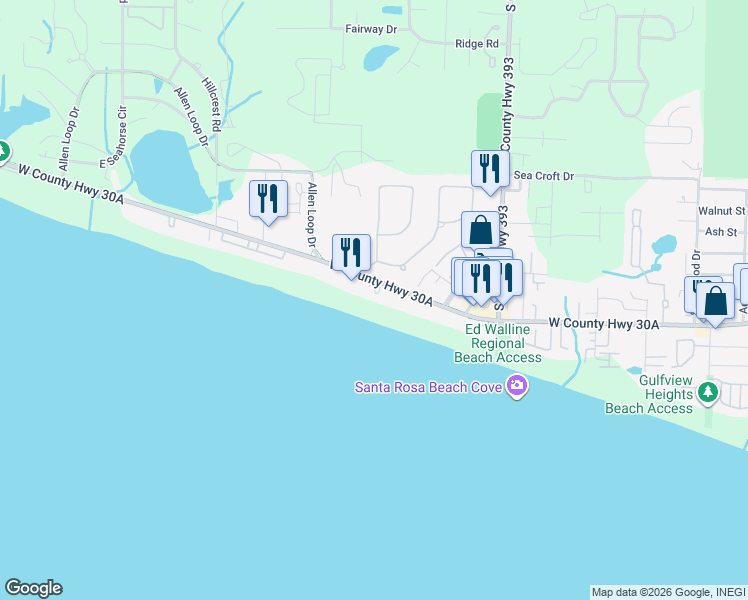 map of restaurants, bars, coffee shops, grocery stores, and more near 4717 East County Highway 30A in Santa Rosa Beach