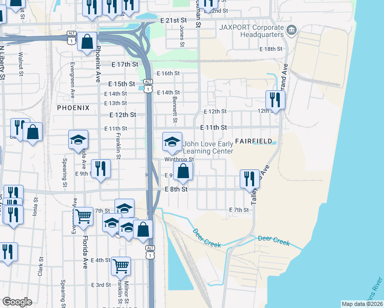 map of restaurants, bars, coffee shops, grocery stores, and more near 1983 Lambert Street in Jacksonville
