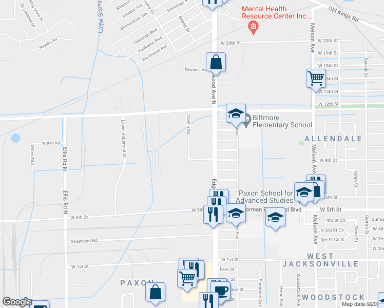 map of restaurants, bars, coffee shops, grocery stores, and more near 1913 Dahlia Road in Jacksonville
