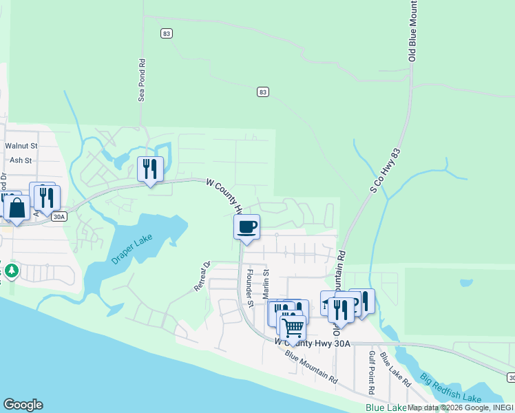 map of restaurants, bars, coffee shops, grocery stores, and more near 125 Gulfview Circle in Santa Rosa Beach