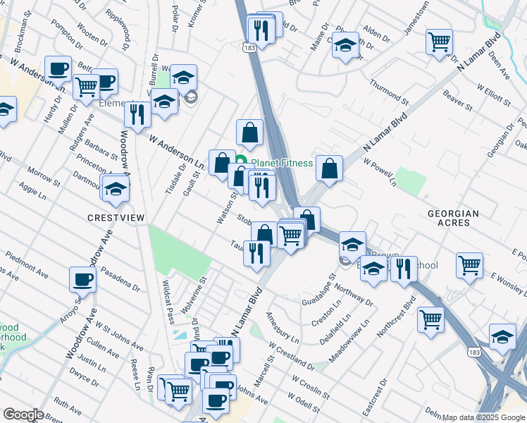 map of restaurants, bars, coffee shops, grocery stores, and more near 911 West Anderson Lane in Austin