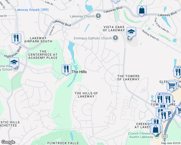 map of restaurants, bars, coffee shops, grocery stores, and more near 17 Hedgebrook Way in The Hills
