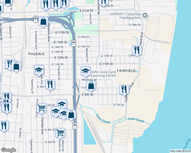 map of restaurants, bars, coffee shops, grocery stores, and more near 1983 Lambert Street in Jacksonville