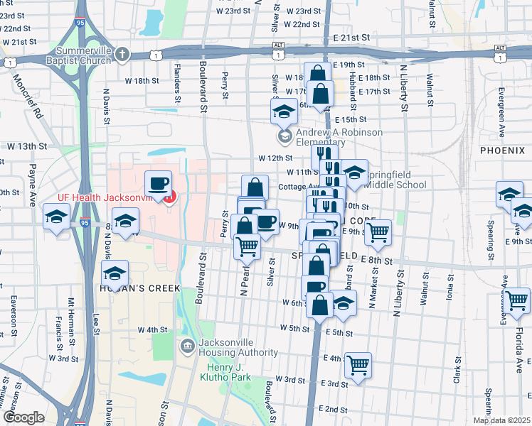 map of restaurants, bars, coffee shops, grocery stores, and more near 1926 Silver Street in Jacksonville