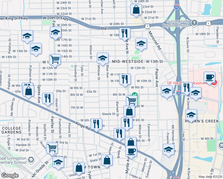 map of restaurants, bars, coffee shops, grocery stores, and more near 1424 West 9th Street in Jacksonville